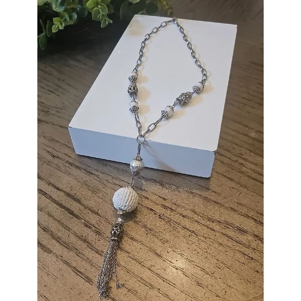 Silver Bead & White Tassel Pendant Necklace